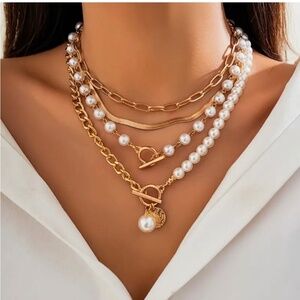 Boho Chic Gold-tone and Faux Pearl Layered 4pc Necklace Set